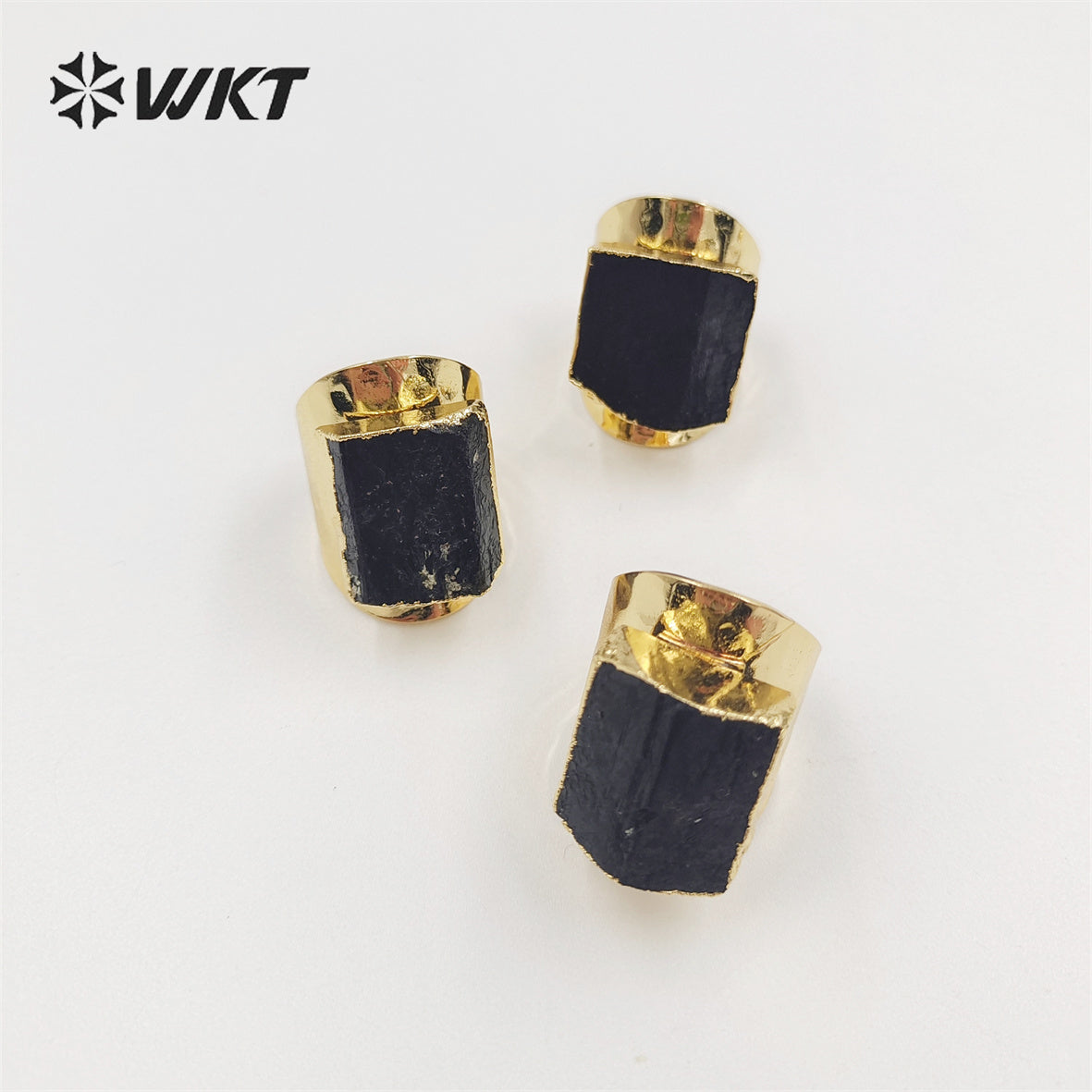 WT-R422 Women Beautiful Energy Black Tourmaline Stone Ring 18k Real Gold Plated Natural Stone Wide Birthday Gift Ring