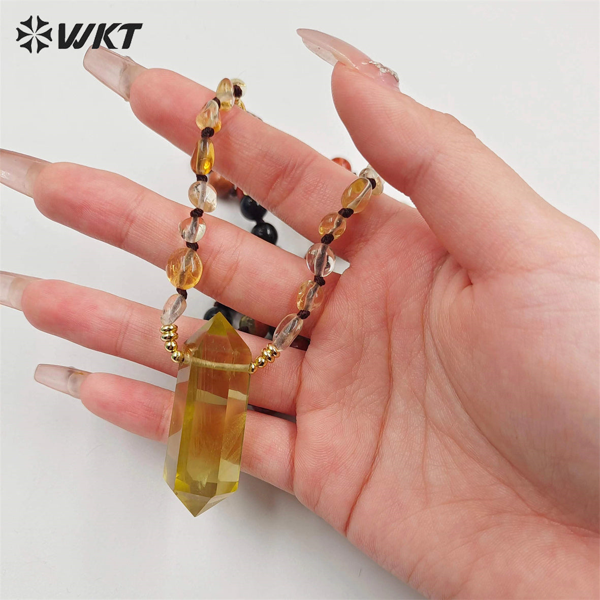 WT-N1414 WKT Lucky Handmade Energy Yellow Citrine Necklace 8mm Natural Stone Beads Necklace in 30 Inch Long Healing Necklace