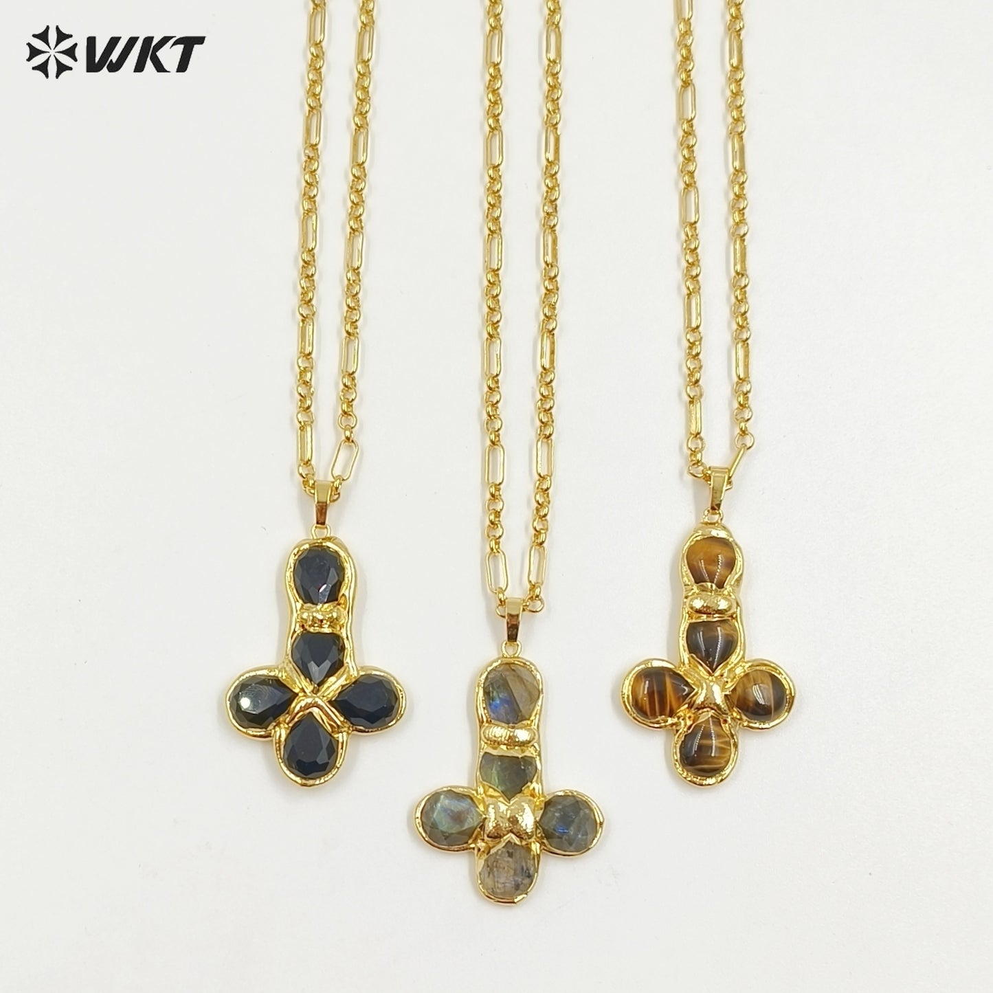 WT-N1495 Newest Wonderful Amazonite Natural Gemstone Back Full Gold Plated Cross Shape Pendant Necklace Fashion Jewelry