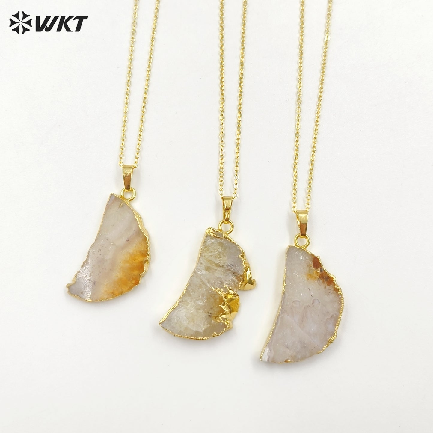 WT-N1300 Amazing Celestial Natural Slice Amethyst Moon Necklace Lady Gold Trim Half Moon Druzy Crescent Amethyst Necklace