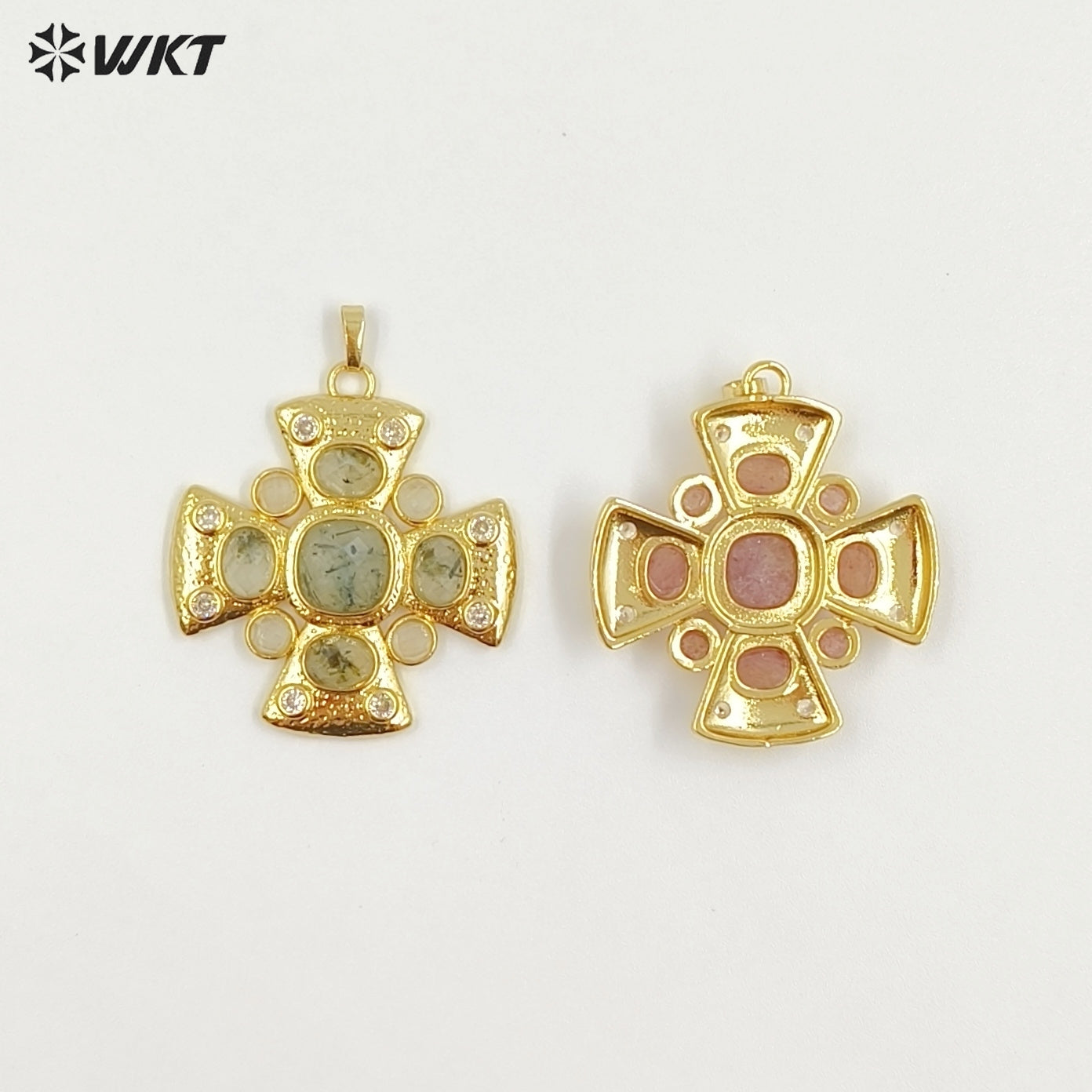 WT-MP318 Wholesale Amazing Gold Plated Zircon and Natural Labradorite Lapis Gemstones Cross Pendants For Luxury Jewelry Making