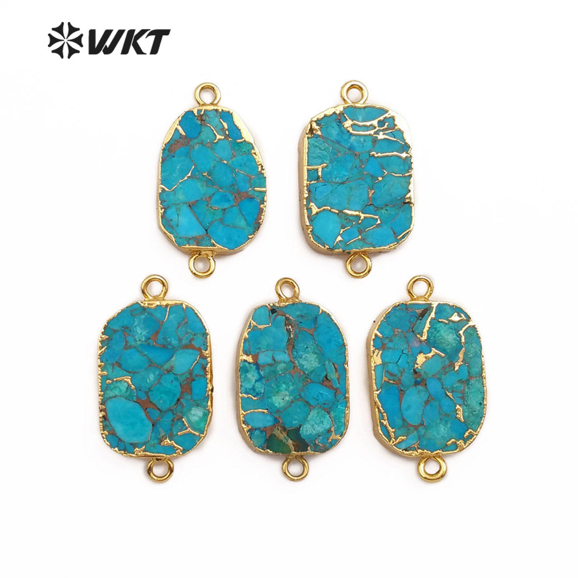 WT-C282 Natural Blue Vein Turquoises Pendant Double Hoops Turquoises Stone Connector Gold Pendant for Women Jewelry Making