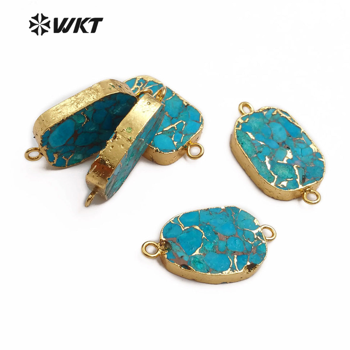 WT-C282 Natural Blue Vein Turquoises Pendant Double Hoops Turquoises Stone Connector Gold Pendant for Women Jewelry Making