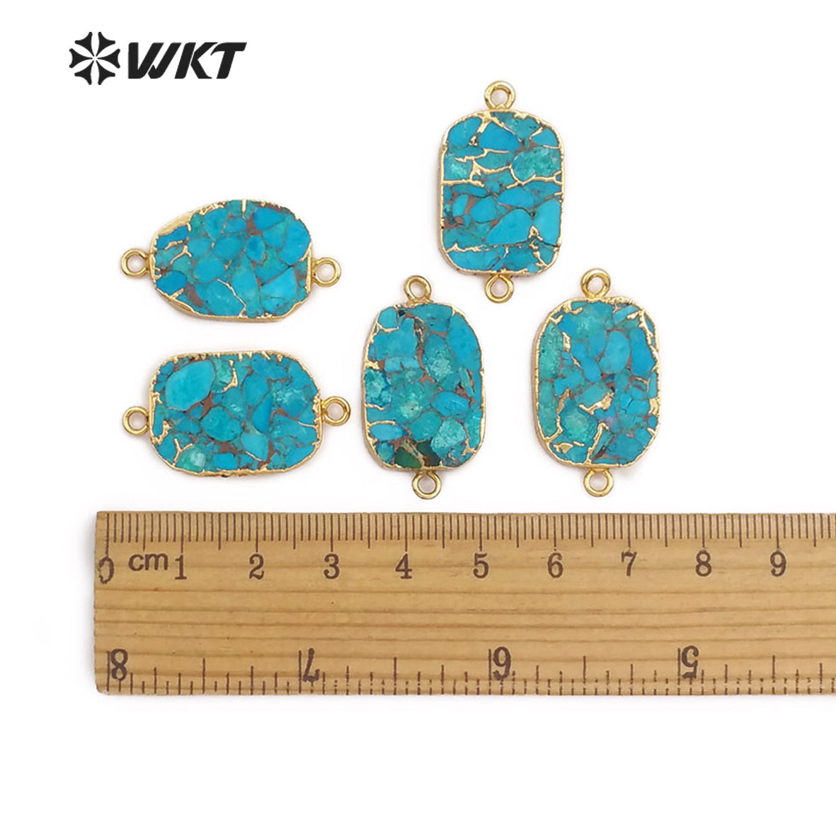 WT-C282 Natural Blue Vein Turquoises Pendant Double Hoops Turquoises Stone Connector Gold Pendant for Women Jewelry Making