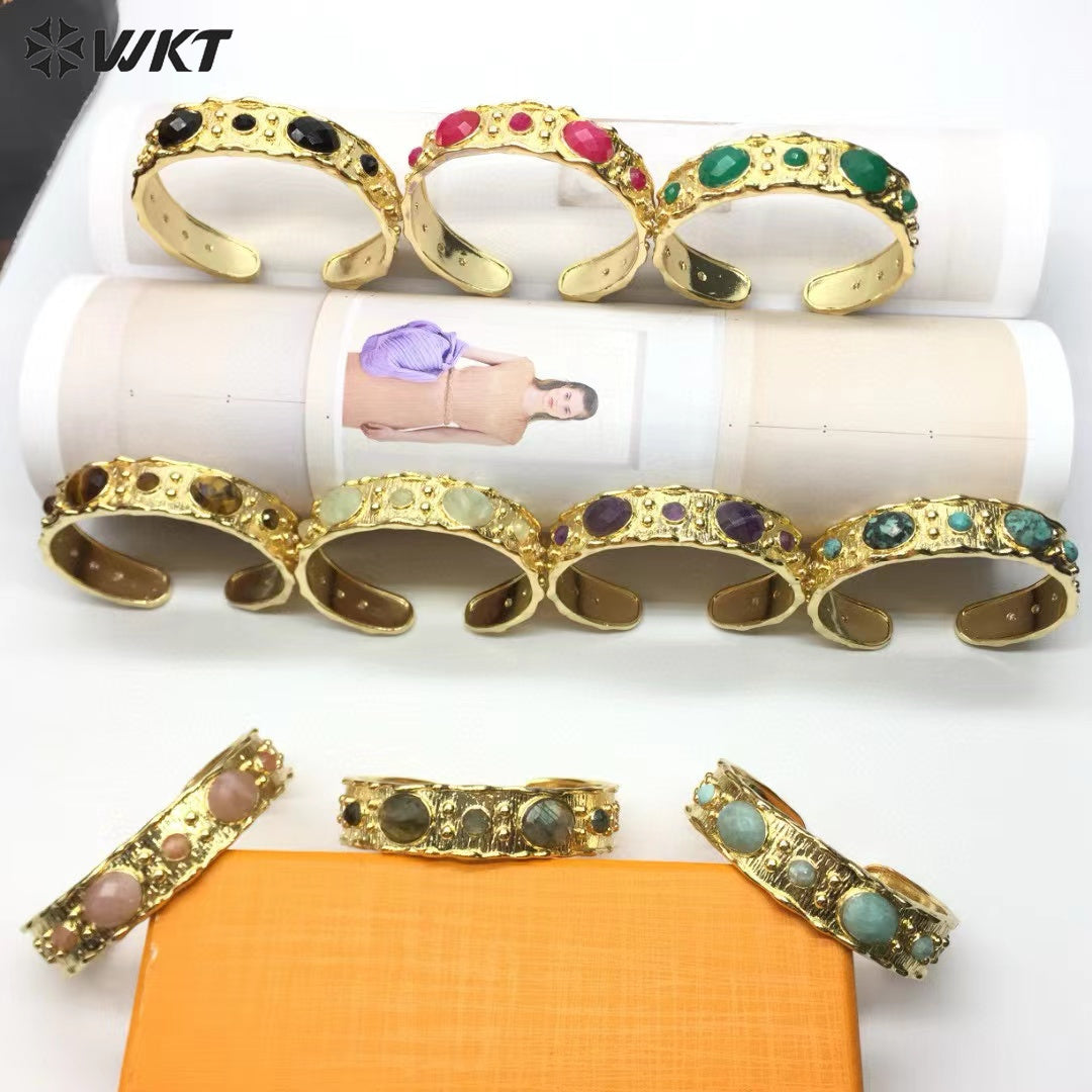 WT-B663 Delicate 18K Real Gold Plated Multi Natural Precious Stones in Bezel Setting Women Birthday Gift Gemstone Bangle