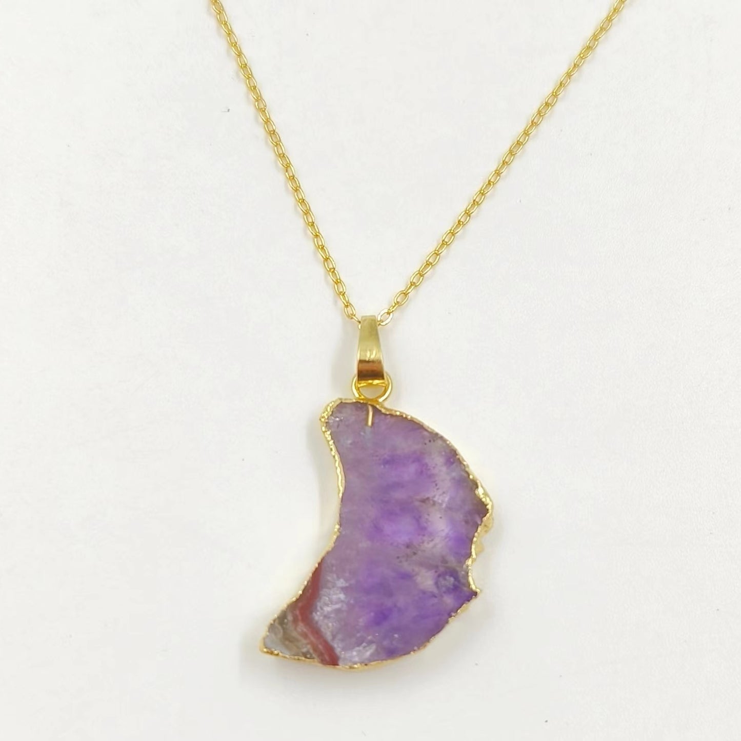 WT-N1300 Amazing Celestial Natural Slice Amethyst Moon Necklace Lady Gold Trim Half Moon Druzy Crescent Amethyst Necklace