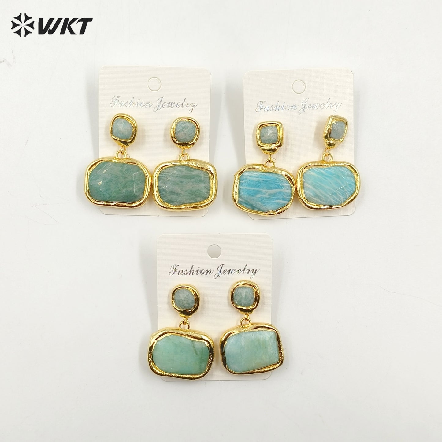 WT-E753 Amazing New Natural Square Fashion Handmade Gold Plated Amazonite Stone Earrings