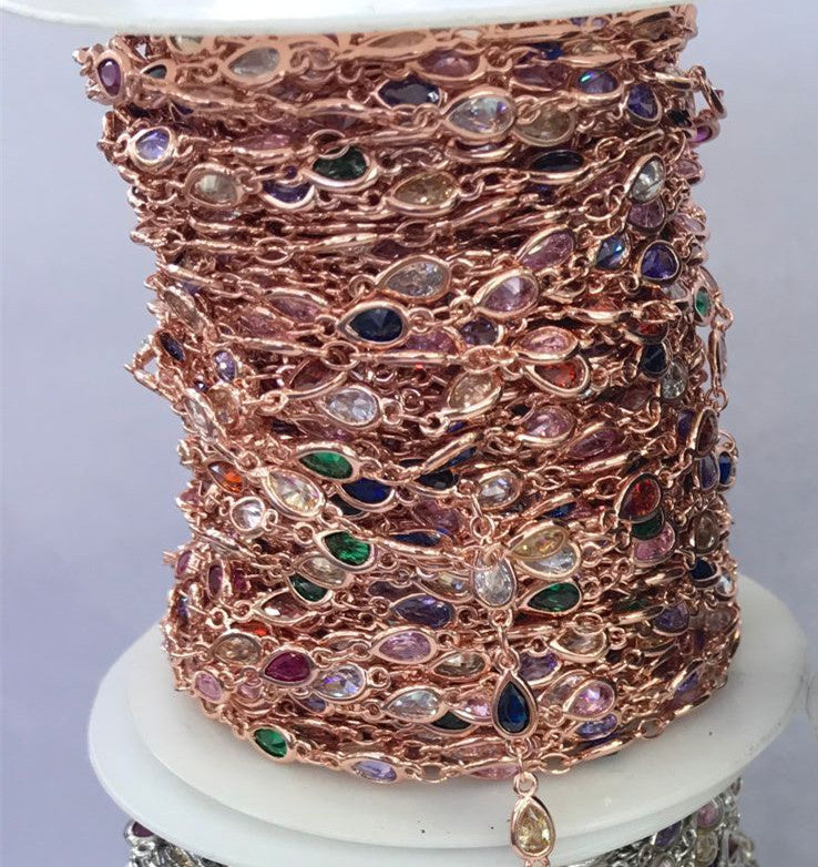 WT-BC131 Wholesale Water Drop Cubic Zircon Chain 18k Real Gold Plated Brass Chain Four Color Select Cubic Zircon Chain
