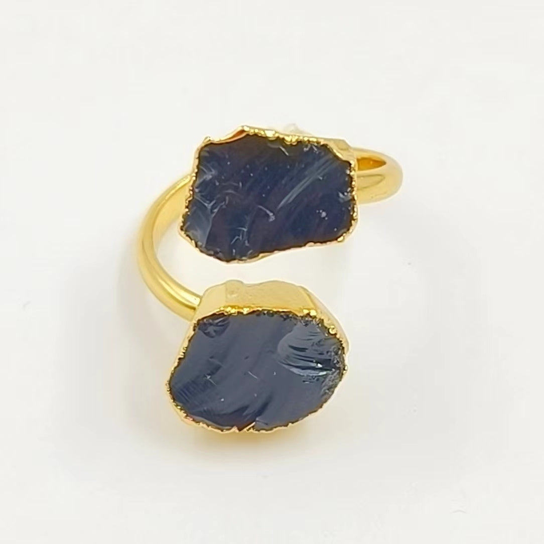 WT-R506 WKT Exclusive Design Double Natural Raw Gemstone Ring Women 18k Gold Plated Quartz Stone Birthday Gift
