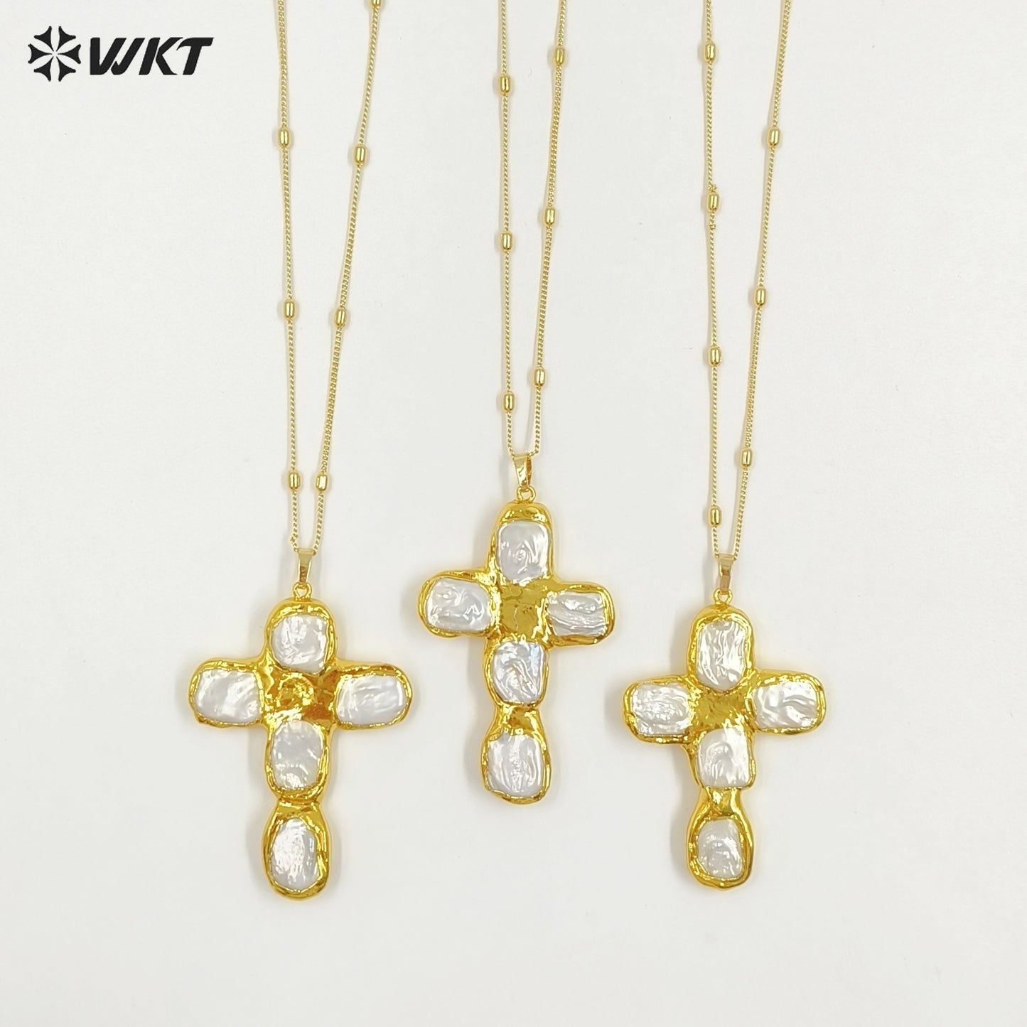 WT-JN328 Wholesale Beautiful Back Full Gold Plated With Natural Freshwater Pearls Cross Shape Pendant Necklace Anniversary Gift