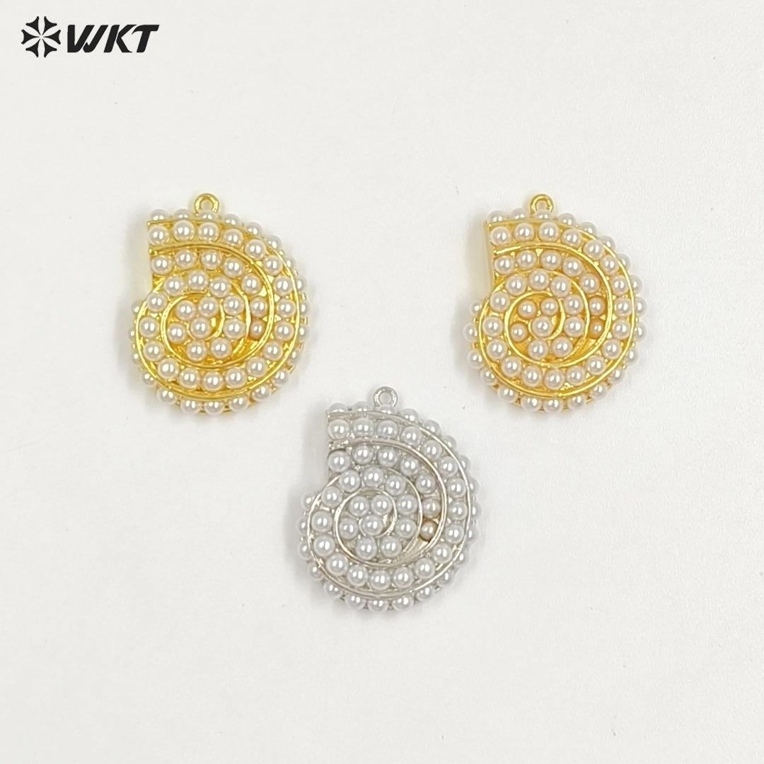 WT-MP314 Popular Sales Marine Animal Series Whorl Shape Gold Plated Brass With Artificial Pearl Lovely Pendant Jewelry Accessory