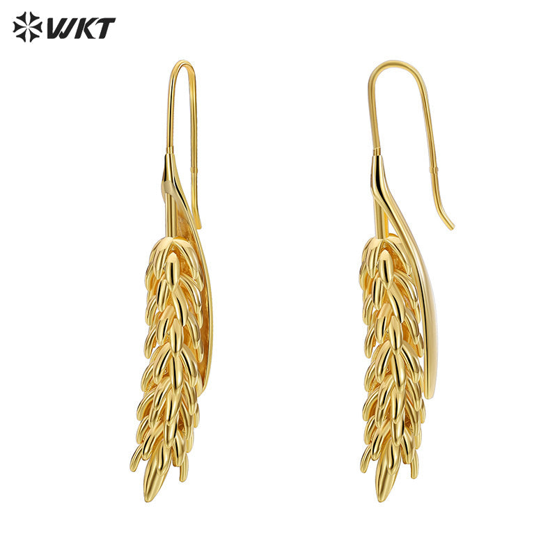 WT-E745 Wholesale Fashion 18K Real Gold Plated Brass Metal Wheat Hoop Earrings Women Long Dangle Gift for Friend