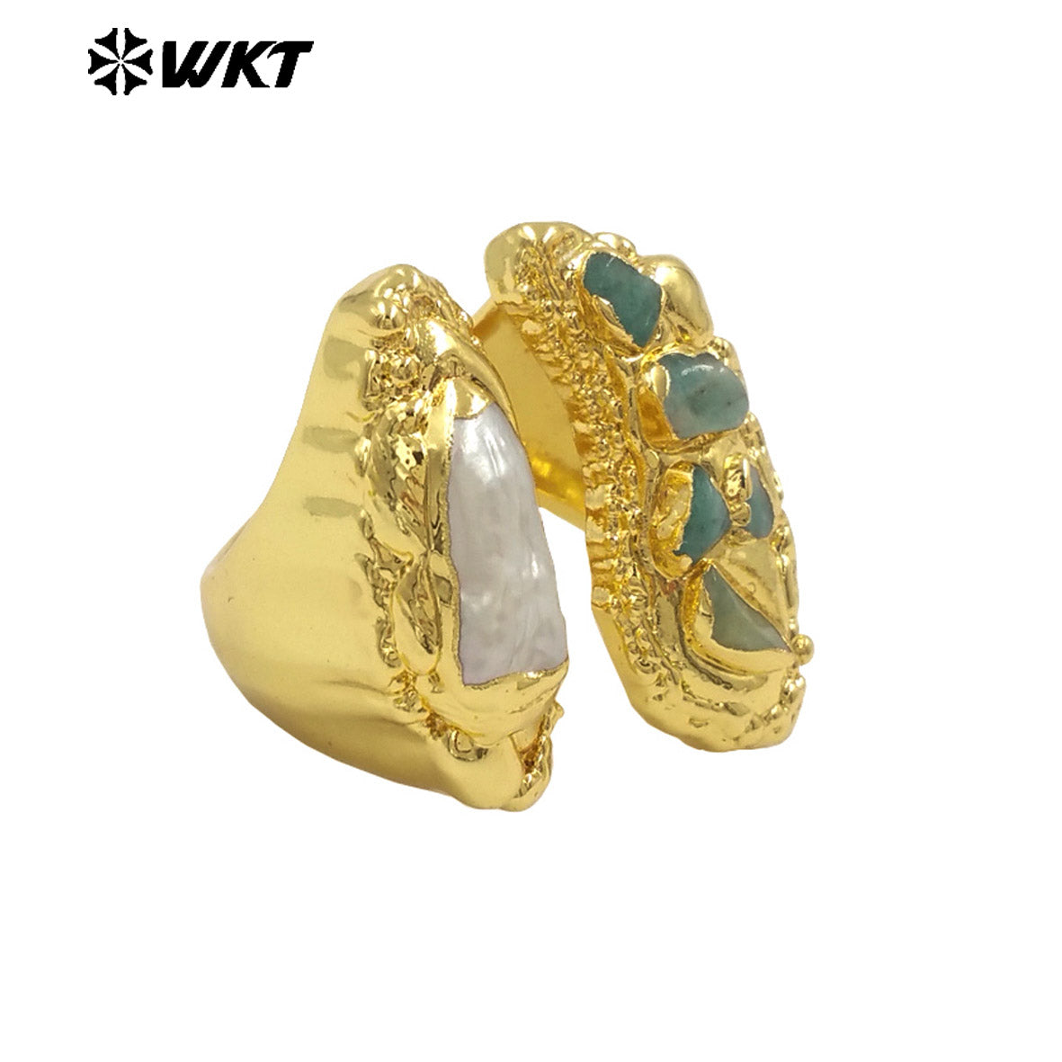 WT-MPR108 WKT New Vacano Series Design 18K Gold Plated Freshwater Pearl and Amazonite Stone Ring in Adjustable Size