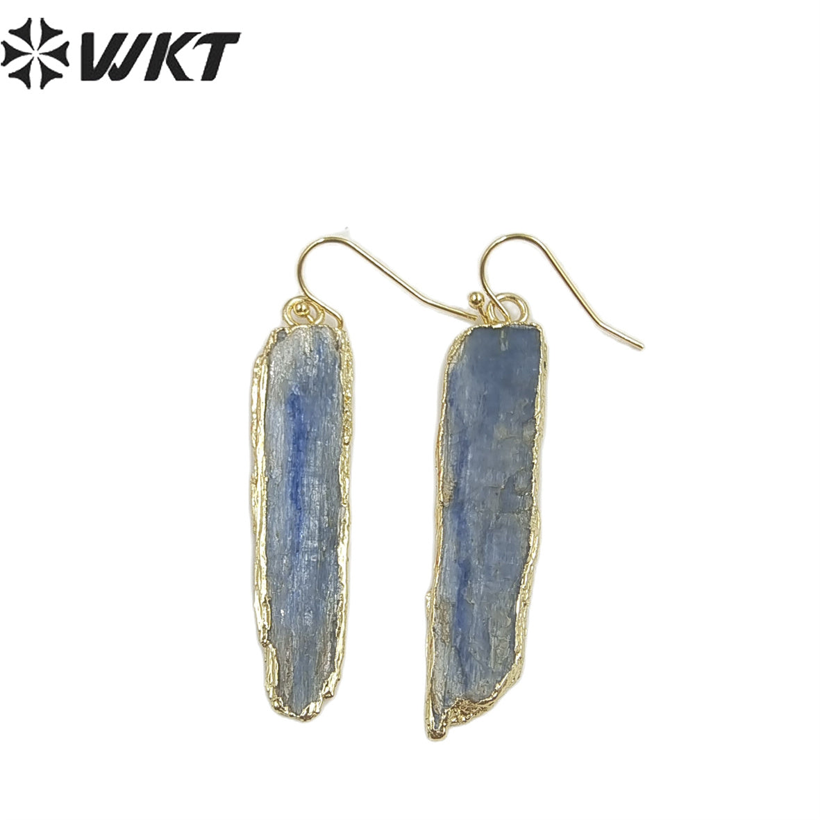 WT-E137 Natural Raw Gemstone Blue Kyanite Earrings, Raw Stone Gold Dipped Earrings for Women Dangle Pendant Earrings