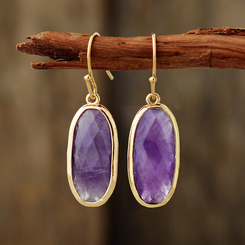 WT-E785 Wholesale Luxury Women Jewelry With Natural Amethyst Stone Long Oval Hoop Earrings Gold Plated For Daily Wearing Style