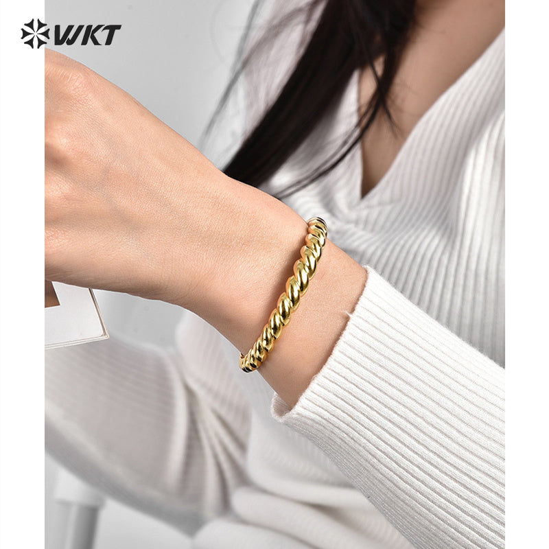 WT-B646 Women Fashion Twisted Design 18K Real Gold Plated Open Size Adjustable Yellow Brass Metal Bangle