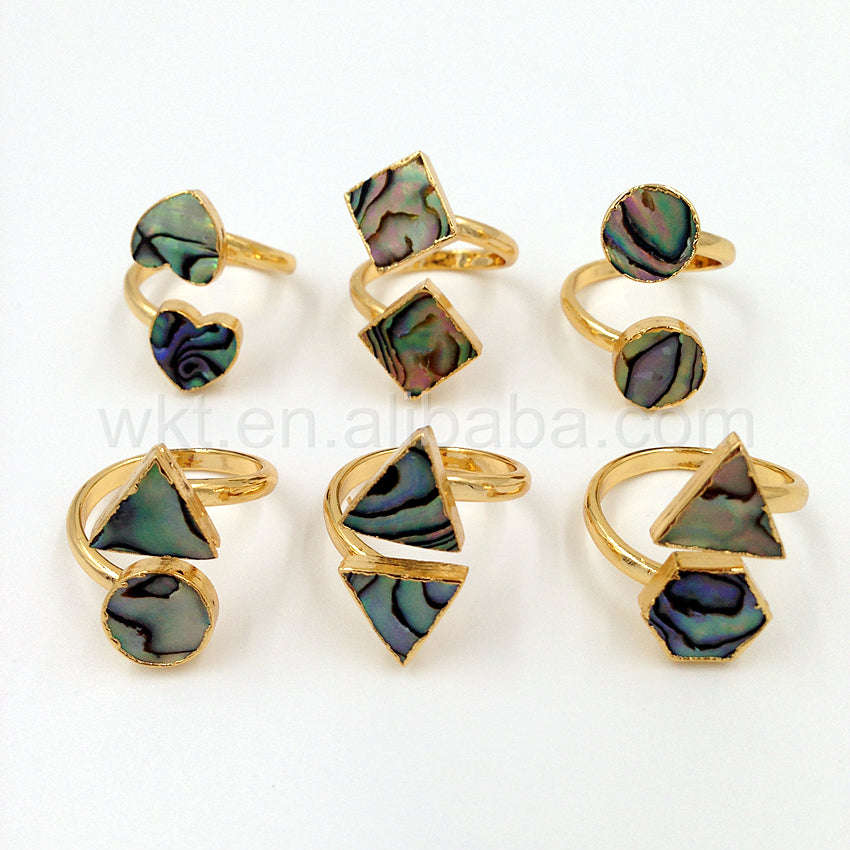 WT-R241 Wholesale 24k Gold Trim Lovely Abalone Shell Ring Double Stone Natural Abalone Shell Ring for Women Wedding Ring