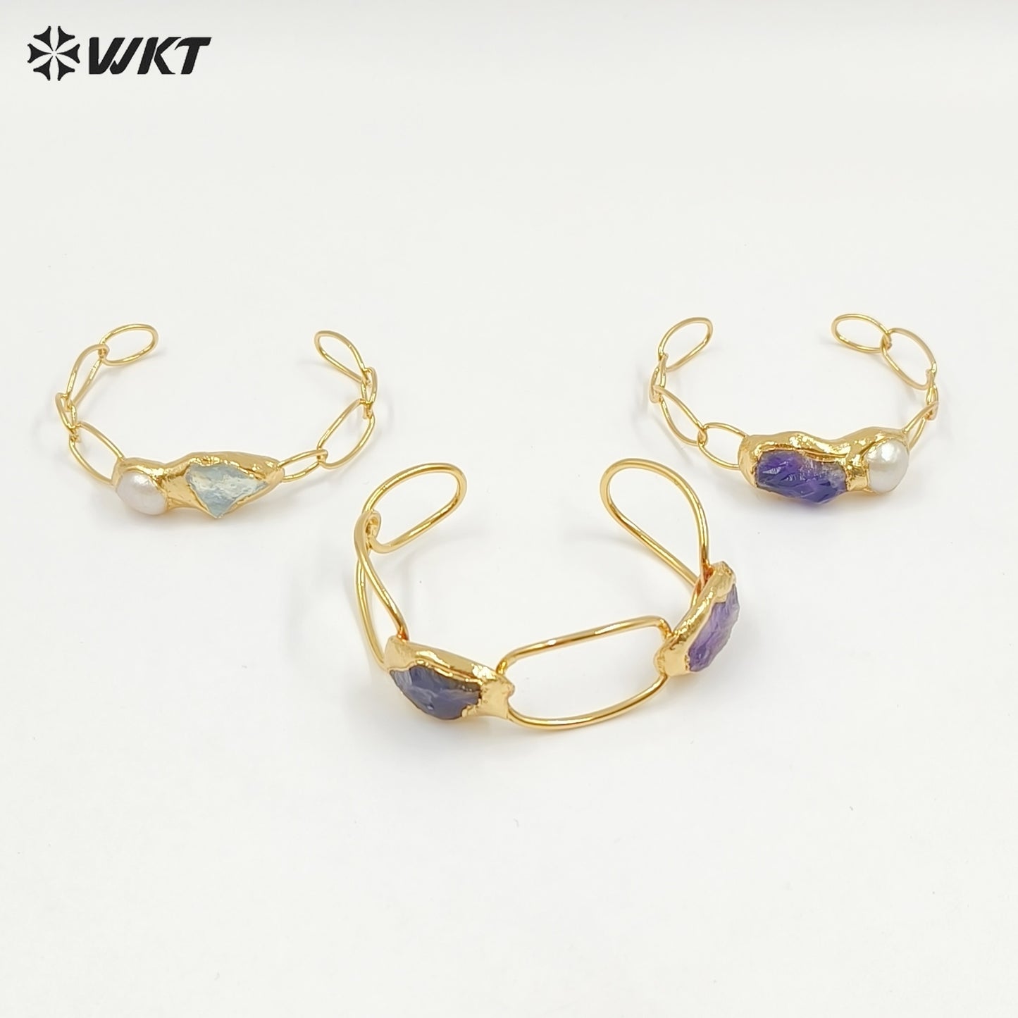 WT-B699 Wonderful Natural Gemstones Amethyst And Pearl Gold Plated Adjustable Size Bangles For Women Birthday Gift Free Shipping