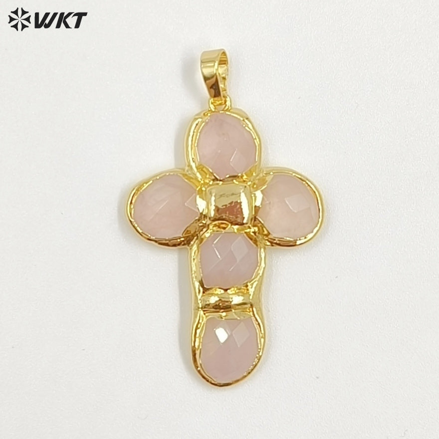 WT-P2027 Amazing Back Full Gold Plated Amazonite Multi Colors Natural Gemstones Cross Shape Pendants For Popular Necklace DIY