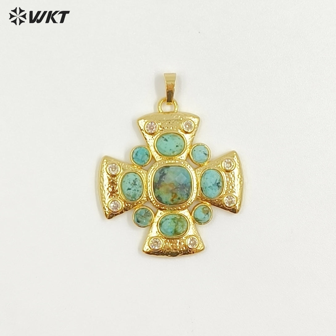 WT-MP318 Wholesale Amazing Gold Plated Zircon and Natural Labradorite Lapis Gemstones Cross Pendants For Luxury Jewelry Making