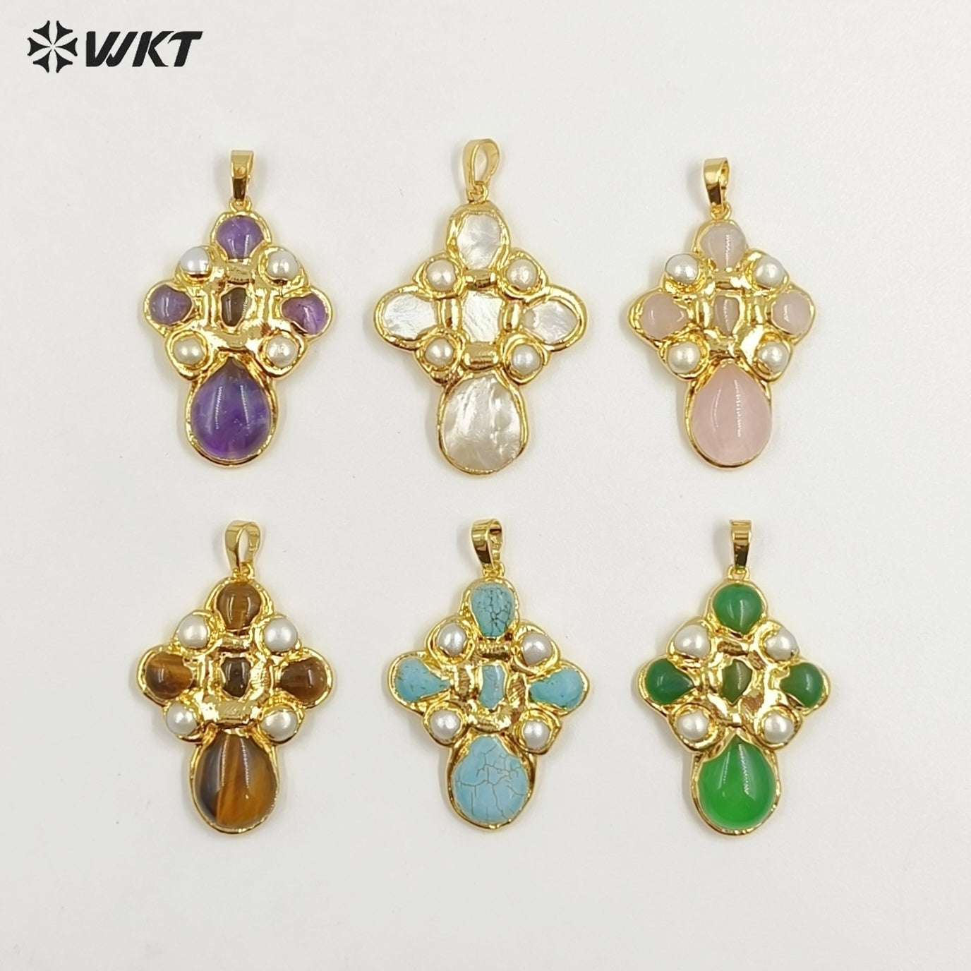 WT-JP384 Specially Designed Religious Unisexual 18K Gold Plated Cross Shaped Pearl and Turquoise Pendant As Daily Decoration