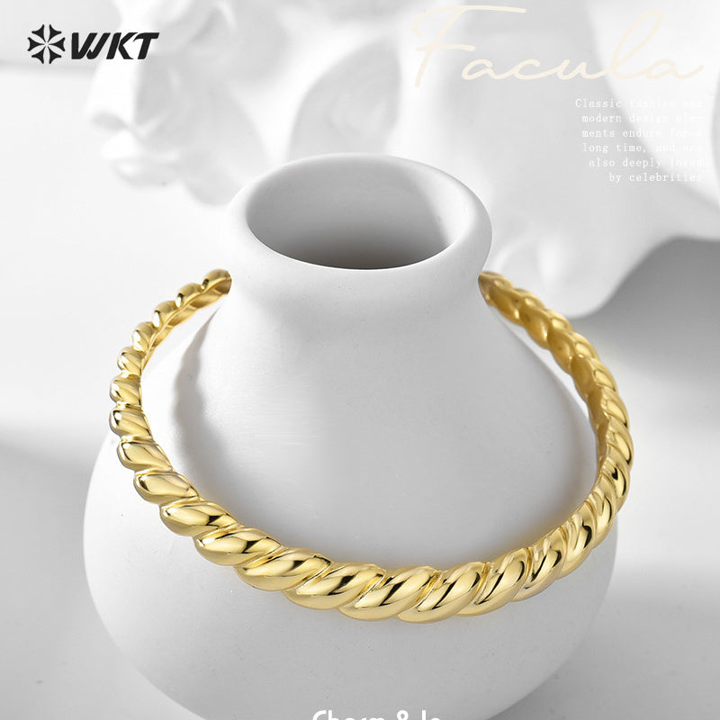 WT-B646 Women Fashion Twisted Design 18K Real Gold Plated Open Size Adjustable Yellow Brass Metal Bangle