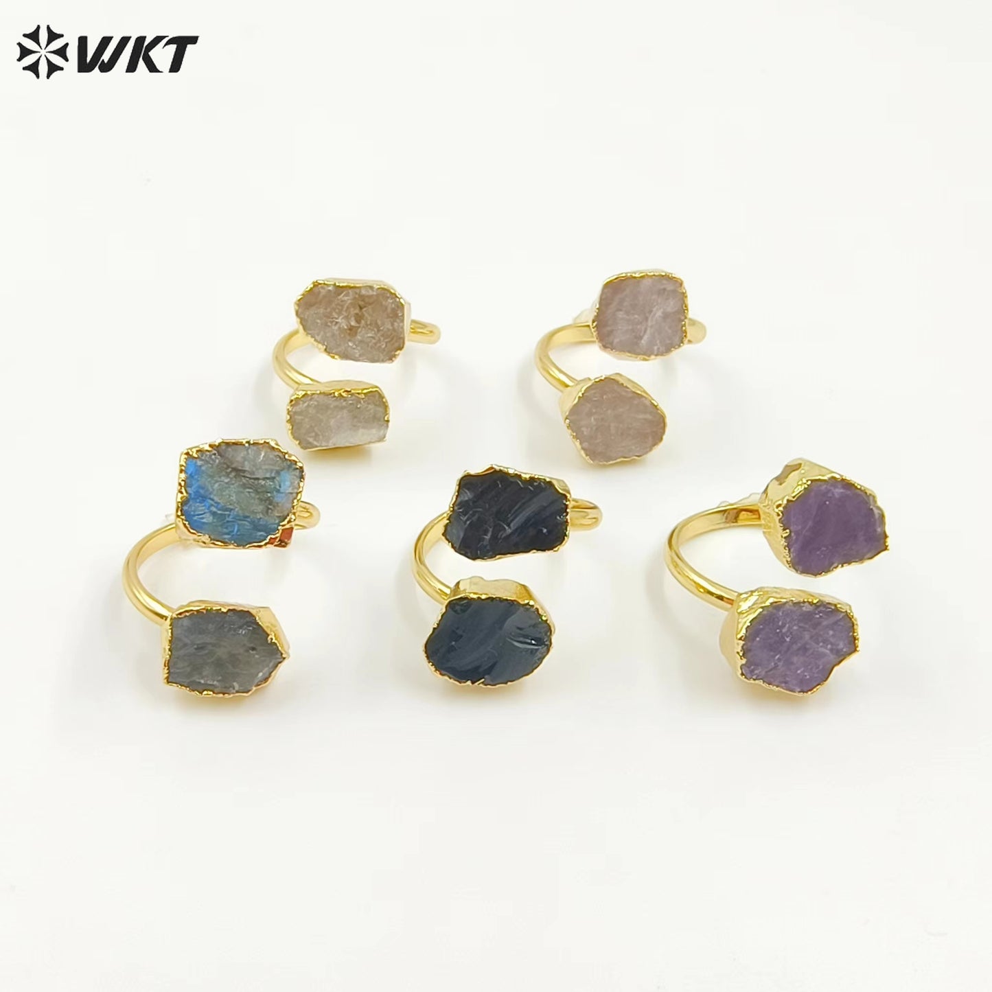 WT-R506 WKT Exclusive Design Double Natural Raw Gemstone Ring Women 18k Gold Plated Quartz Stone Birthday Gift