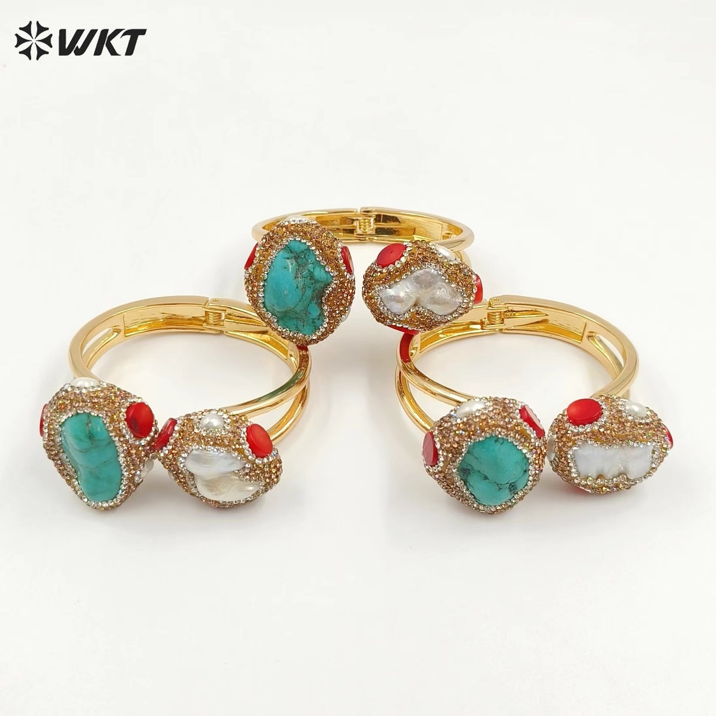 MPB107 Gorgeous Hand Make Rhinestone Paved Natural Gold Plated Cuff Green Turquoise and Pearl Bangle in Retro Style