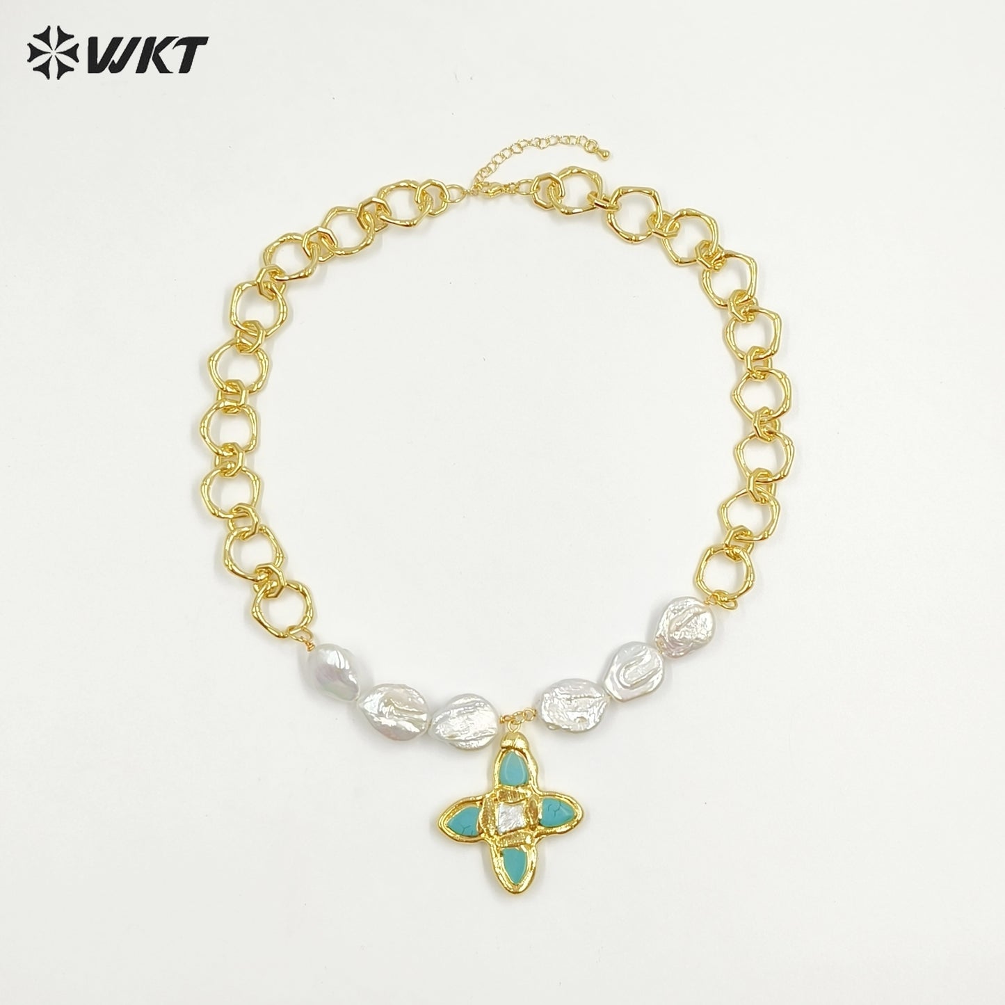 WT-JN324 Amazing Popular Christian High Precious Freshwater Pearl and Cross Turquoise Pendant Necklace with Chunky Chain