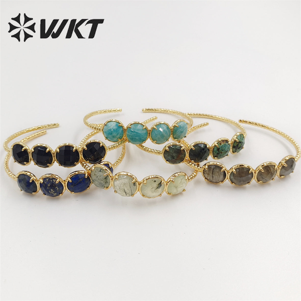 WT-B612 WKT New Gorgeous Prong Setting Round Precious Stone Bangle in Open Size 18k Real Gold Plated Resist Tarnishable Bangle