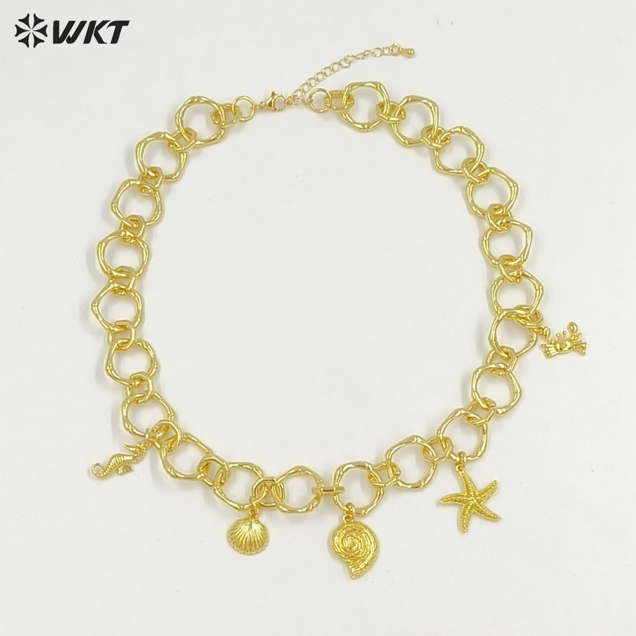 WT-JFN45 Summer Popular Yellow Brass 18K Gold Plated Big Circle Chain With Multi Little Charms Necklace For Cool Girls Jewelry