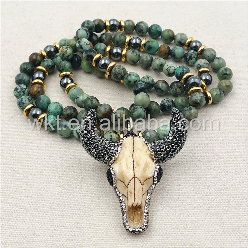 WT-N858 Wholesale 32" Beads Cattle Necklace Design Jewelry,8mm Africa Turquoise Beads Cattle Necklace Charm Rhinestone Paved
