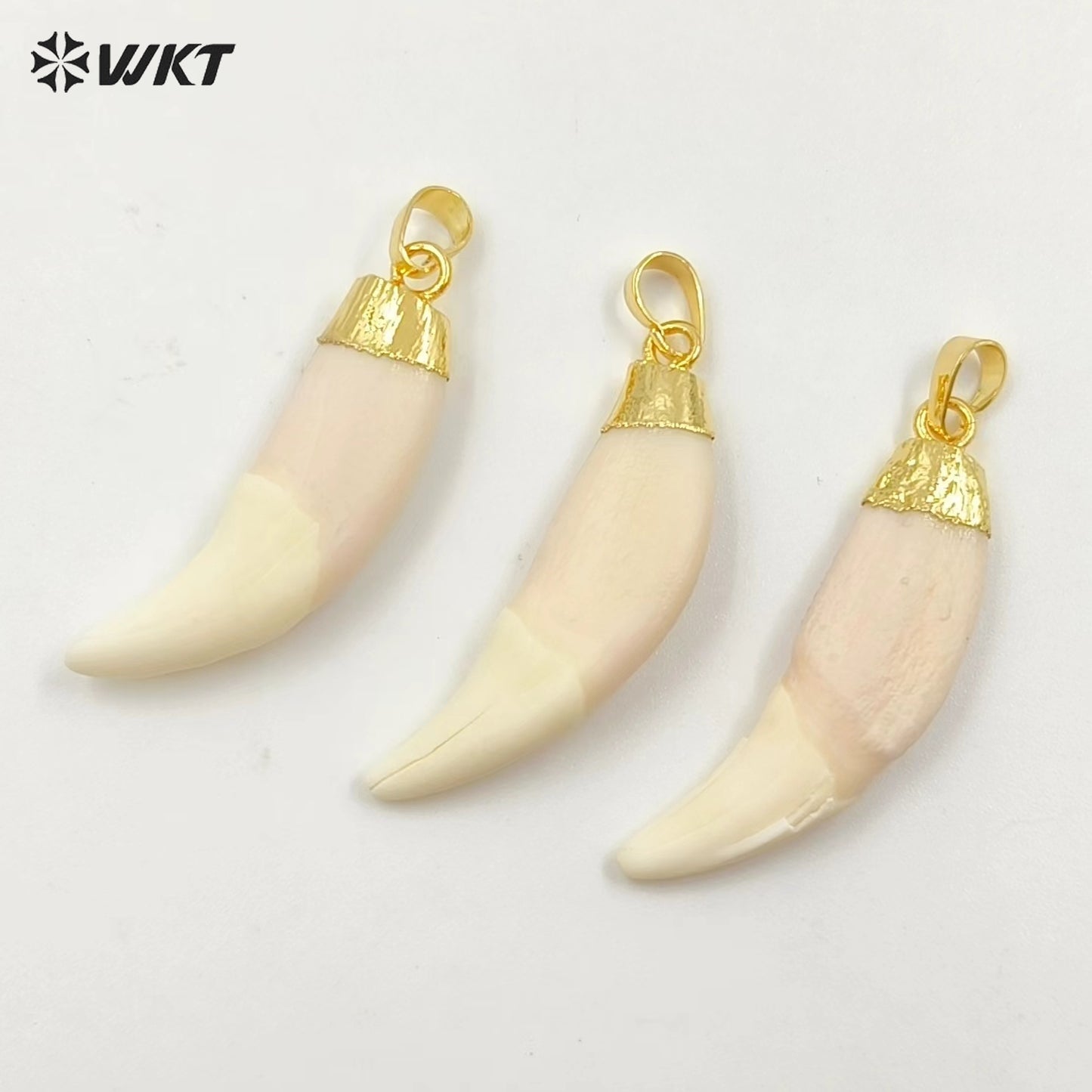 WT-P241 WKT Wholesale Artificial Tooth Pendants with Gold Color Cap Amazing Raw Horn Bone Pendants for Jewelry Making