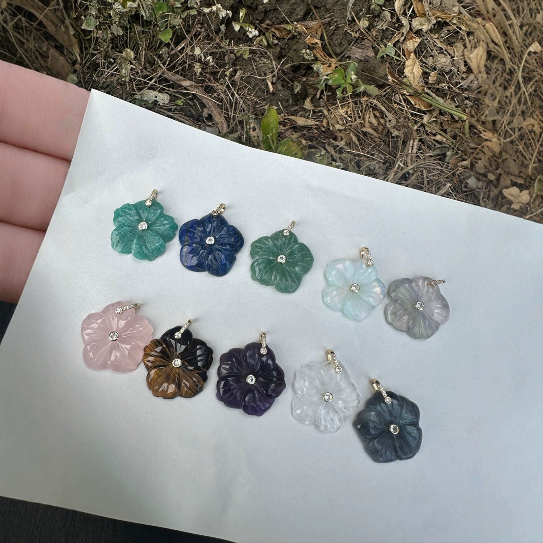 WT-P2029 Delicate Fashion Zircon And Natural Gemstones Hand Carved Lovely Flower Shape Pendant For Ladies Jewelry Making