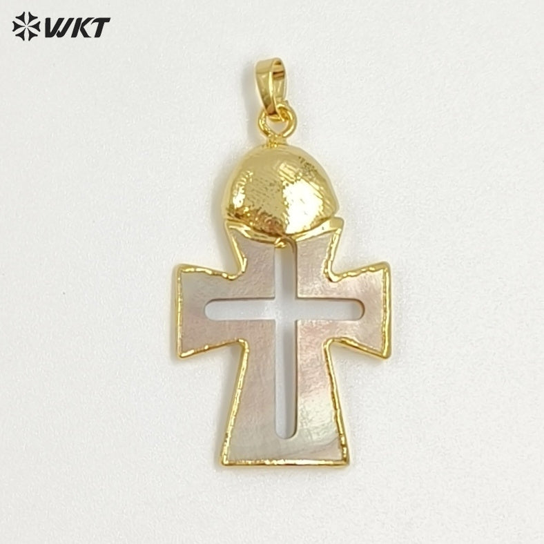 WT-JP422 Wholesale Vintage Style Natural Shell Gold Plated Cross Shape Middle Hollow Pendant For Unique Necklace Handmade