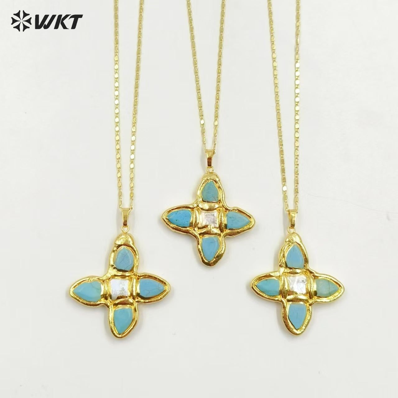WT-JN314 Amazing Super Hot Christian Religious Natural Turquoise Stone Assemble With Pearl Cross Pendants Necklace in 18K Gold