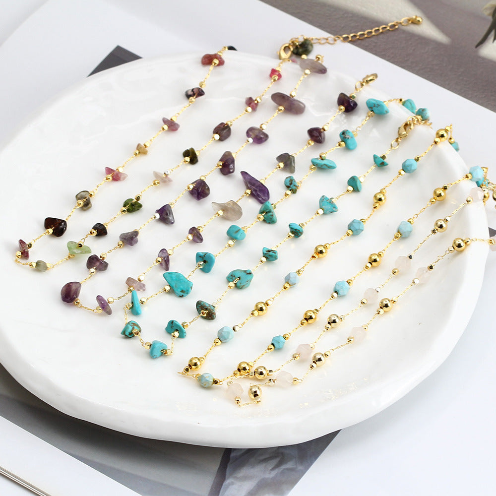 WT-BFN059 Newest Design Handmade Natural Nugget Amethyst Turquoise Stone Beads Rosary Chain Necklace Irregular Beads Necklace