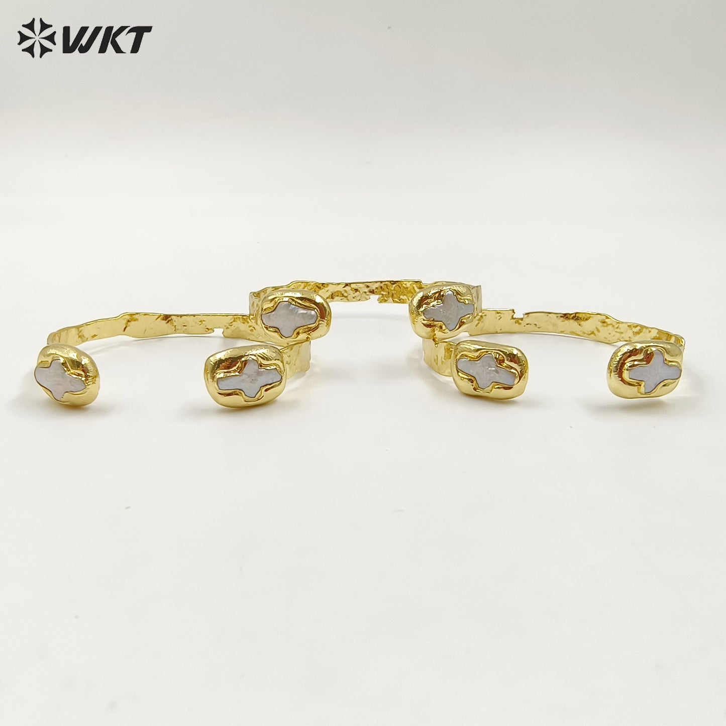 MPB106 Amazing Christian Religious Double Cross Freshwater Pearl Set 18K Gold Plated Metal Bangle in Adjustable
