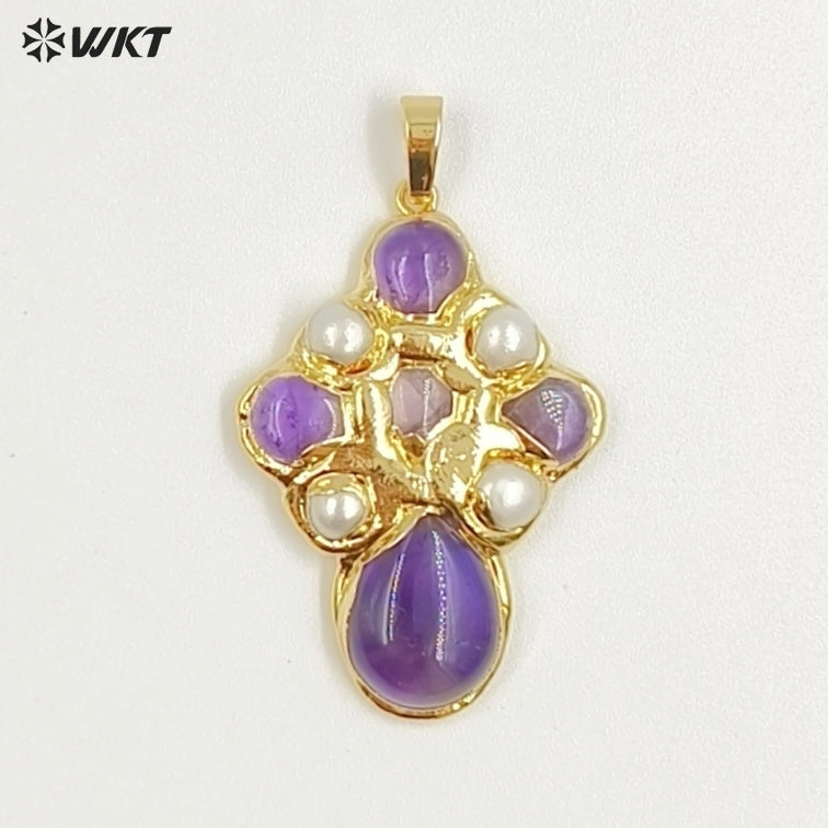 WT-JP384 Specially Designed Religious Unisexual 18K Gold Plated Cross Shaped Pearl and Turquoise Pendant As Daily Decoration