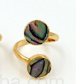 WT-R241 Wholesale 24k Gold Trim Lovely Abalone Shell Ring Double Stone Natural Abalone Shell Ring for Women Wedding Ring