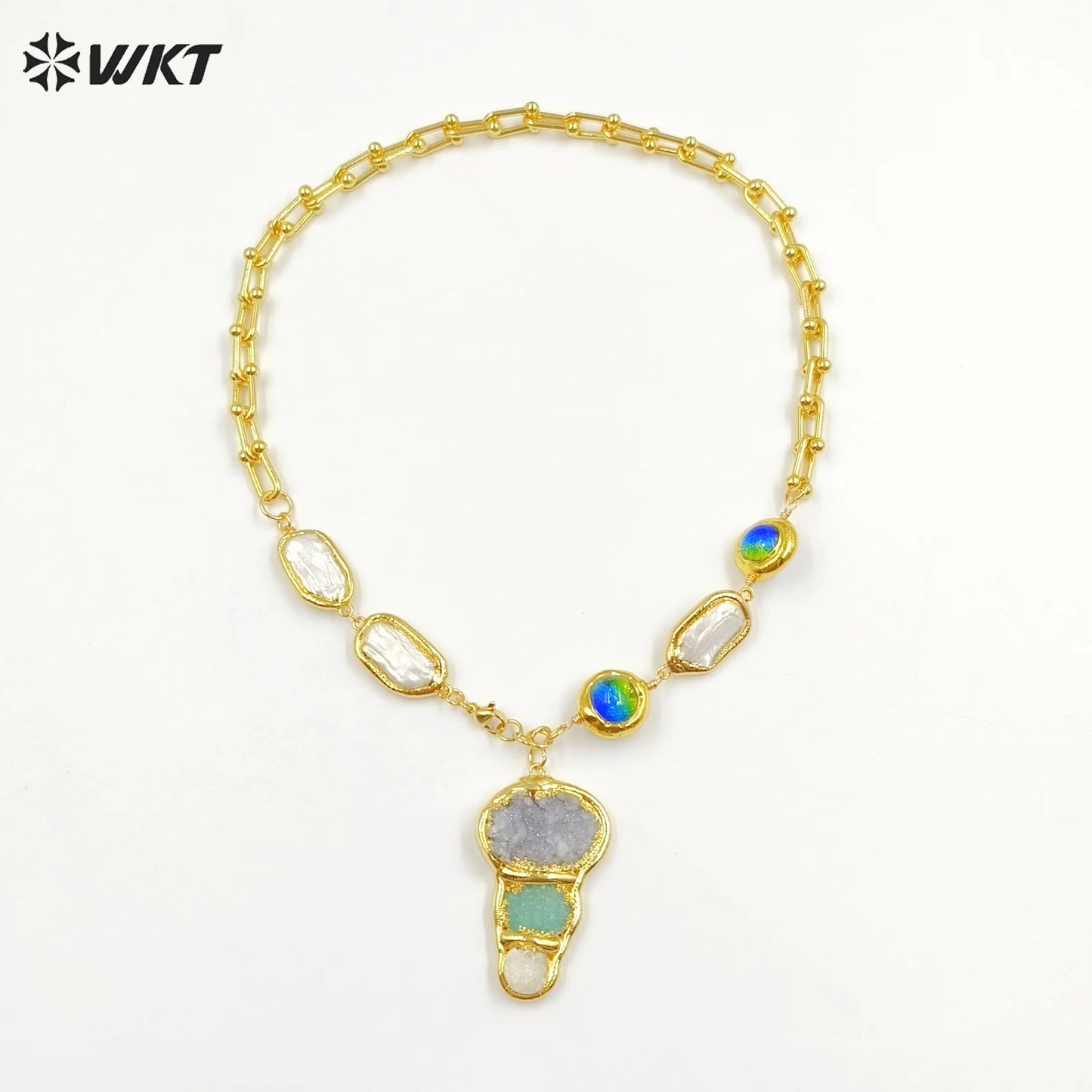 WT-JN257 WKT New Exclusive Design 19 Inch Long Handmade Chain Assemble With Beads Pearl Druzy Agate Pendant Women Necklace