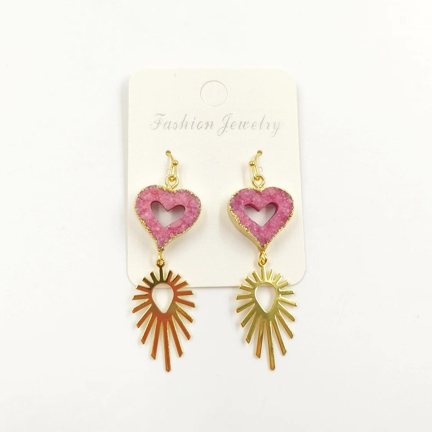 WT-E747 Wholesale Fashion New 18k Gold Plated Hollow Design Lovely Druzy Quartz Made Heart and Leaf Stone Earrings