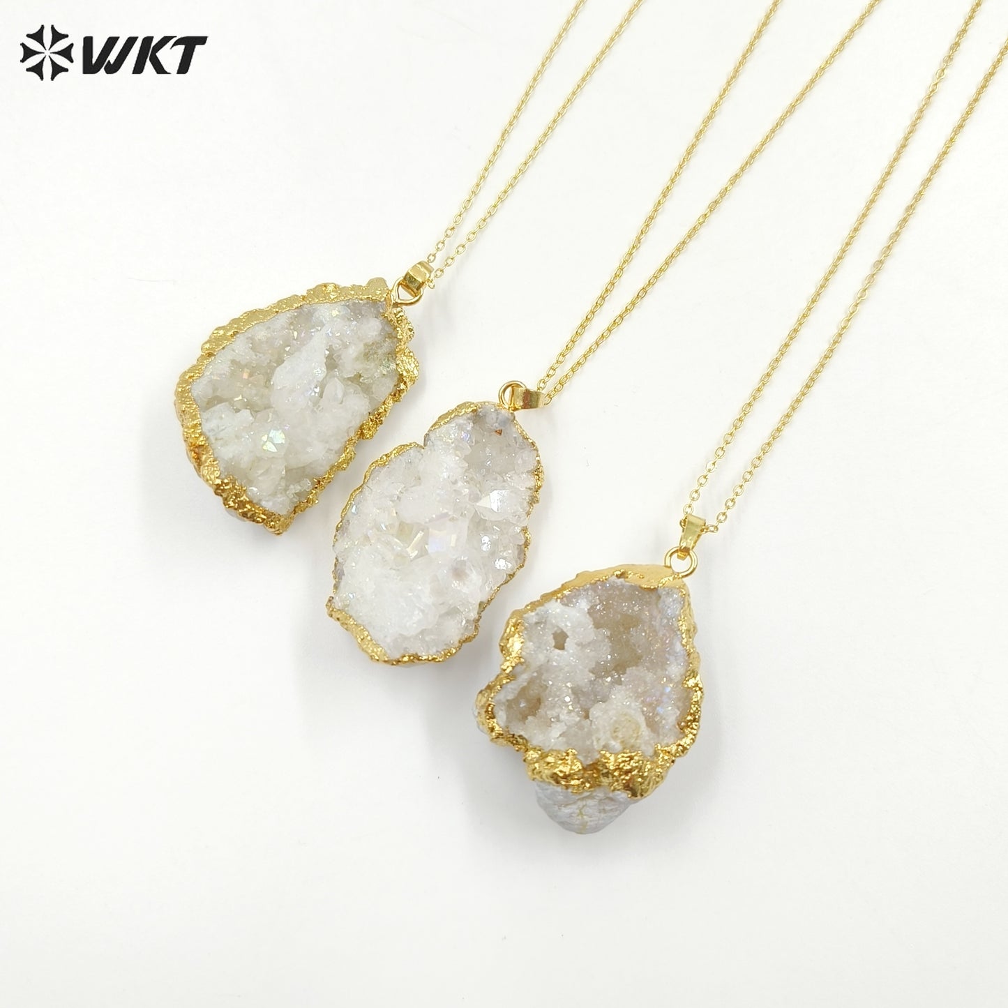 WT-N336 Wholesale Fashion Gold Plated Natural Geode Druzy White Crystal Quartz Hole Pendant Necklace Raw Stone