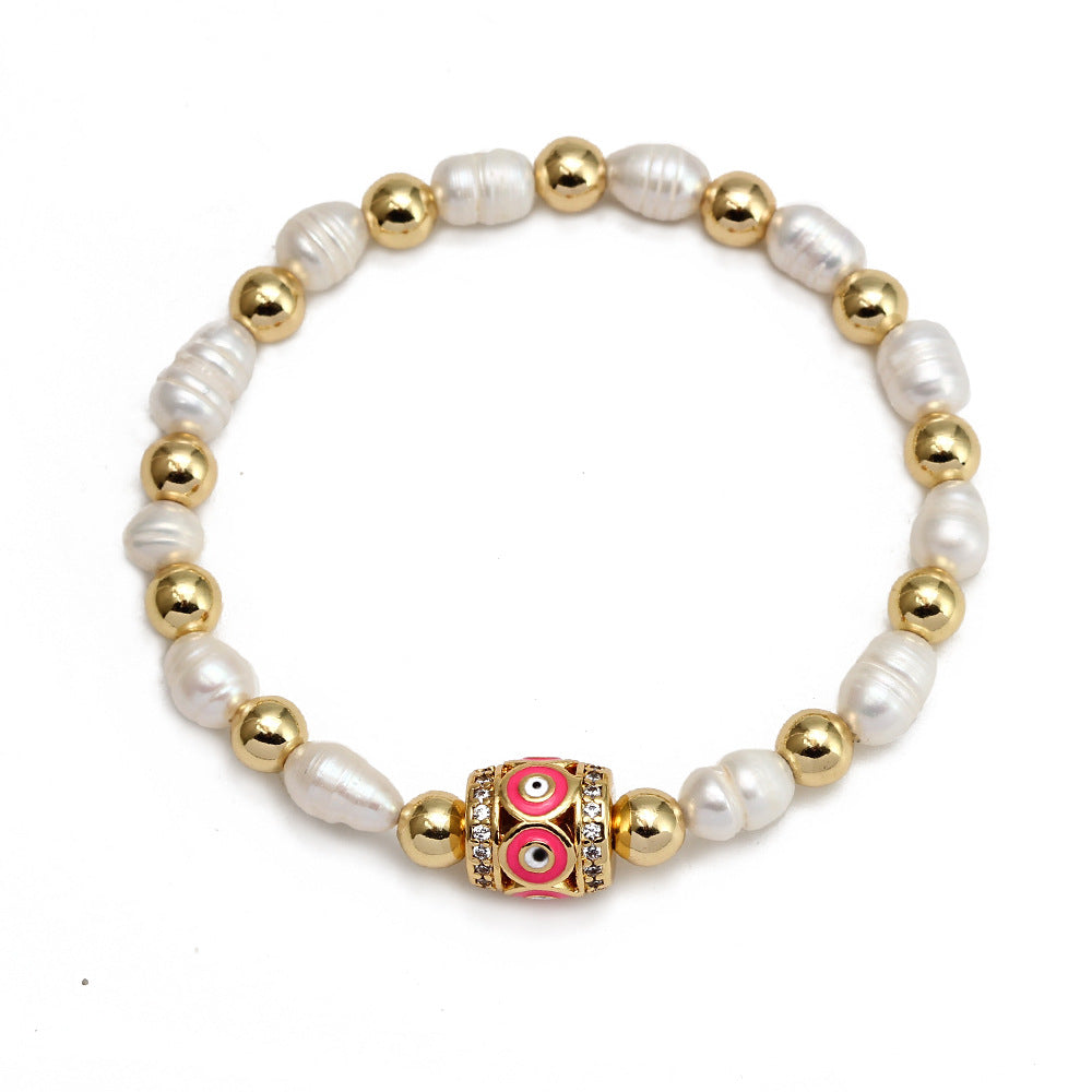 WT-MB123 Gorgeous Enamel Beads Women Bracelets Charming Natural Rice Pearl Beads Strand Bracelet with Turkey Eye Charms