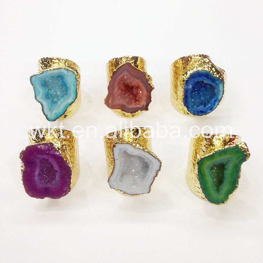 WT-R242 Fashion Design Trendy 24k Gold Plated Natural Druzy Geode Agate Ring Stone Ring