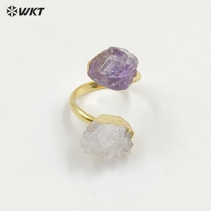 WT-R495 Amazing WKT New Design Natural Double Stone Druzy Crystal Quart and Black Tourmaline Stone Ring in Adjustable Size