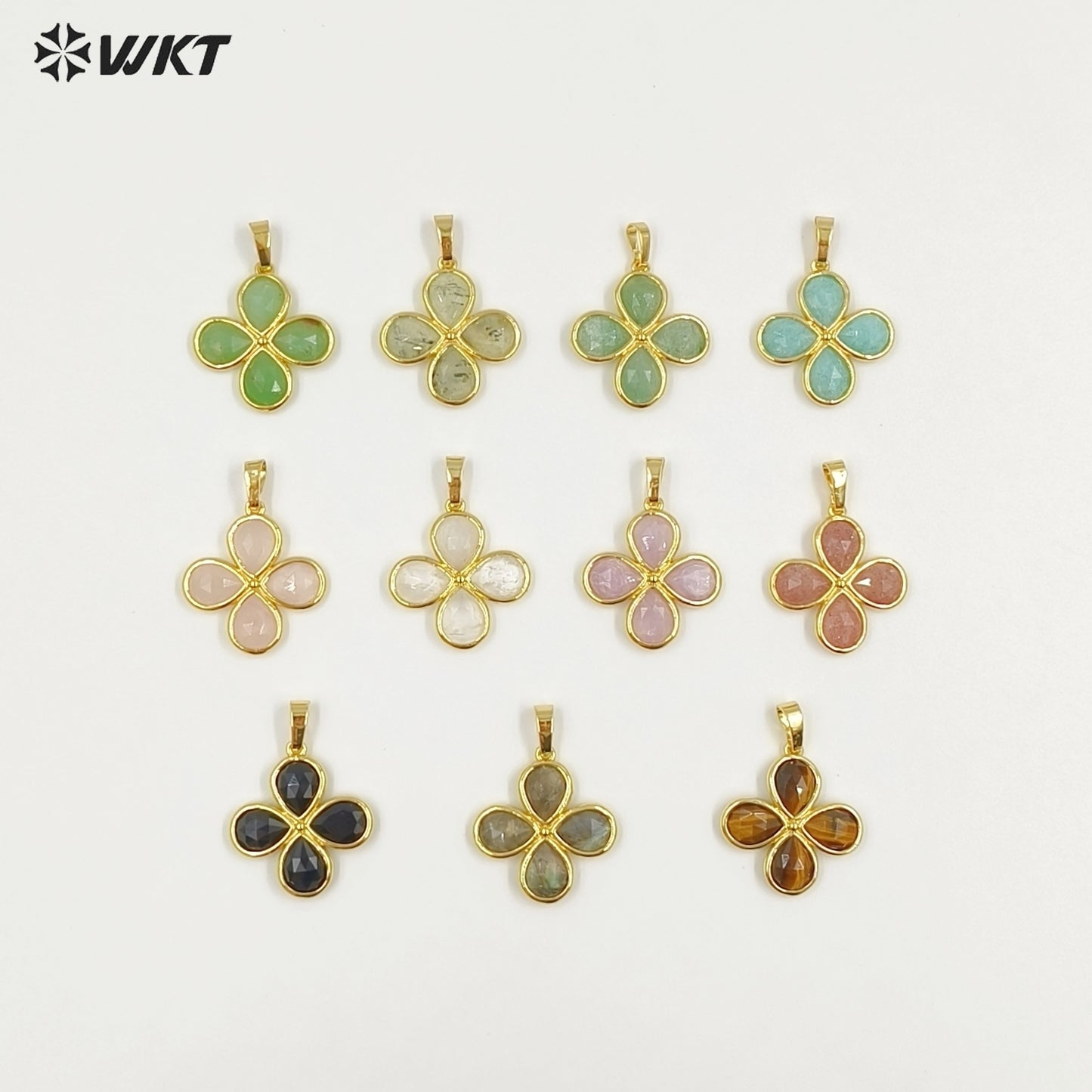 WT-P2031 Romantic Lovely Gold Plated Lucky Four Leaves Clover Flowers Shape Natural Gemstone Pendants For Ladies Necklace DIY