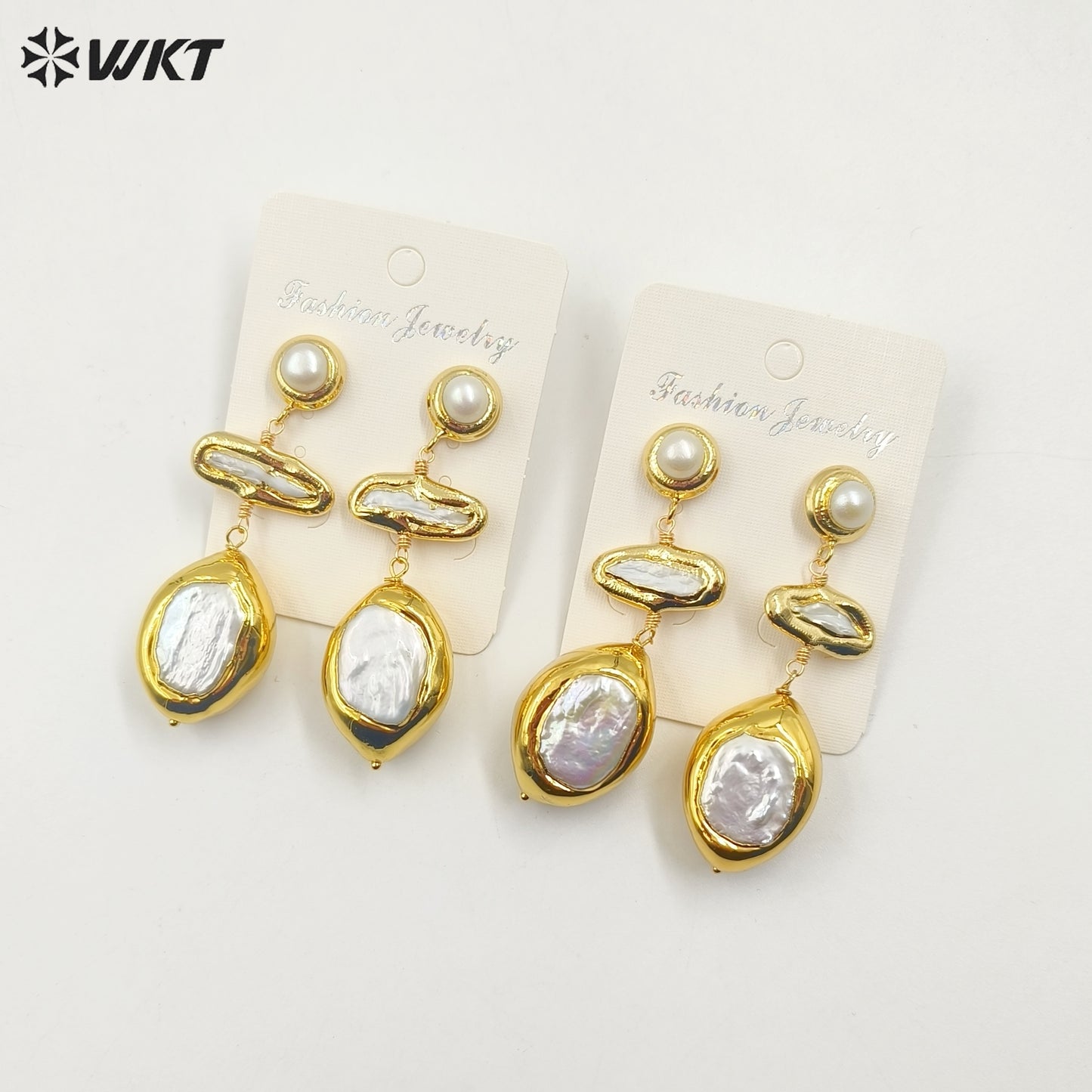 WT-MPE125 Wholesale Fashion 18k Gold Plated Resist Tarnishable Natural Freshwater Pearl Long Drop Dangle Earrings