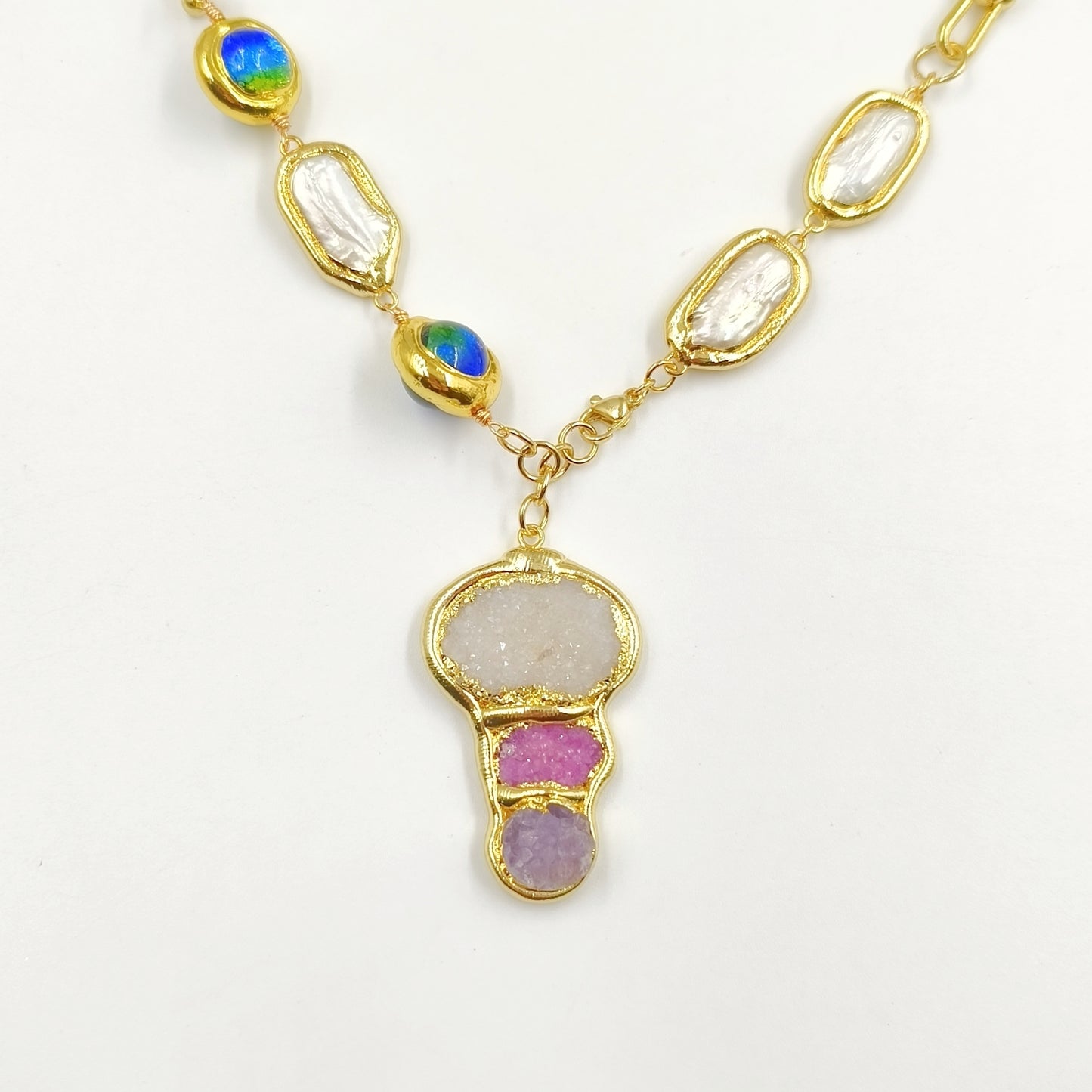 WT-JN257 WKT New Exclusive Design 19 Inch Long Handmade Chain Assemble With Beads Pearl Druzy Agate Pendant Women Necklace