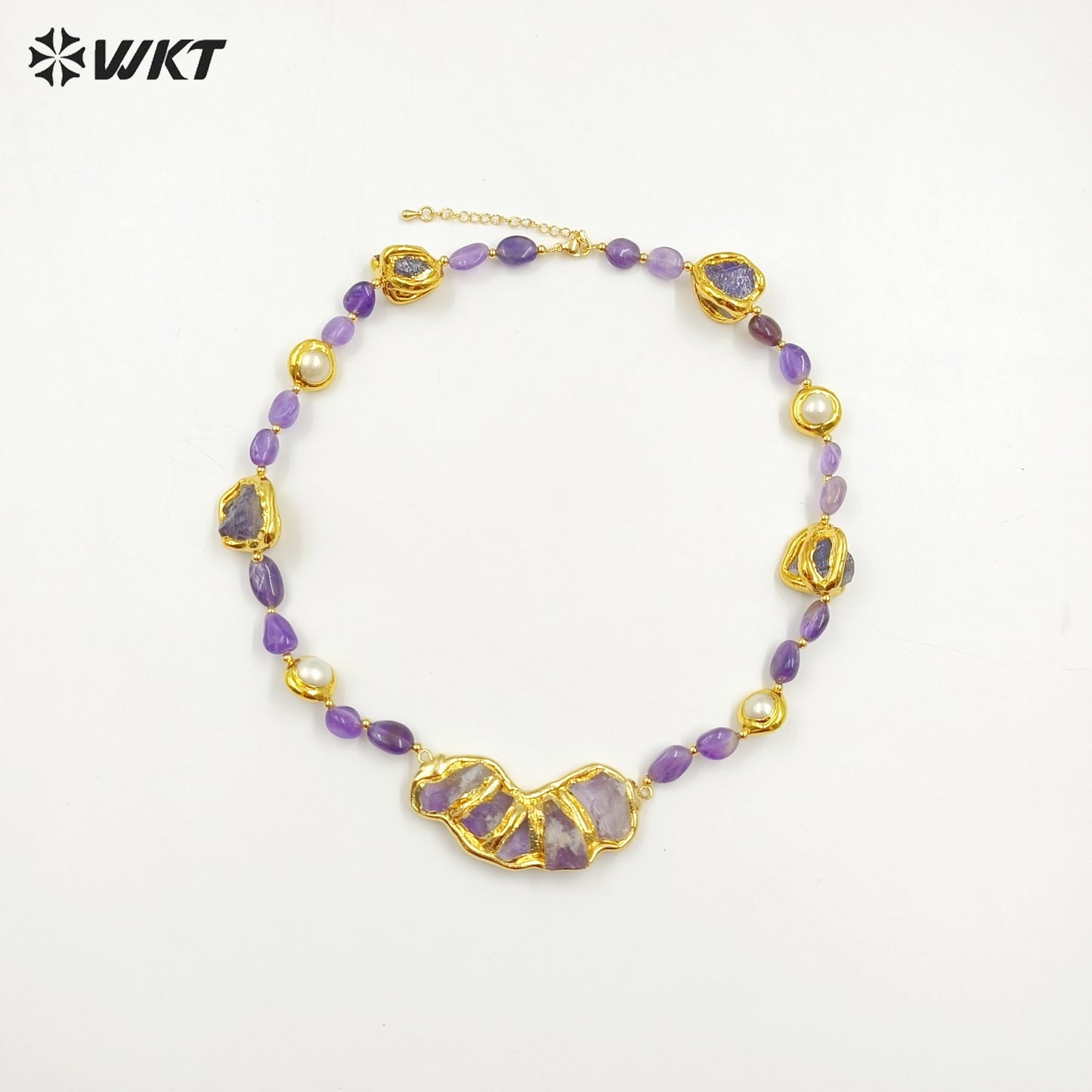 WT-N1464 Gorgeous Unique Gold Plated Natural Chunky Amethyst Beads and Pearl Big Stone Pendant Necklace